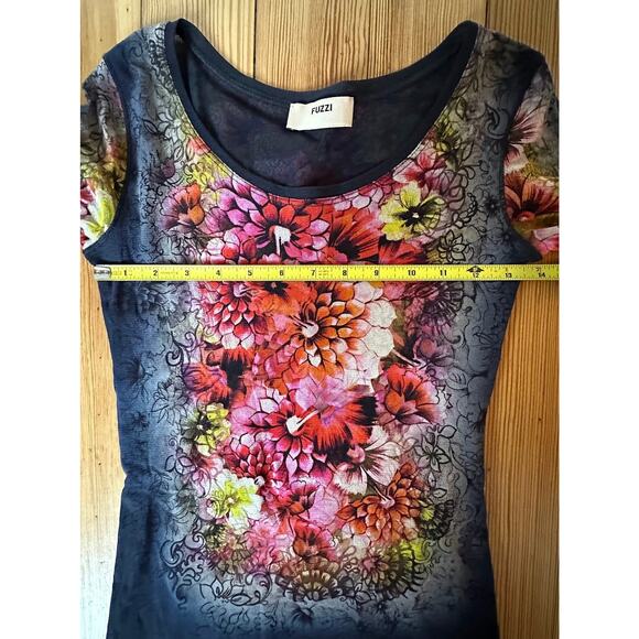NWOT FUZZI Floral Y2K Sheer Long Sleeve Scoop Neck Multicolor Double Lined Top - Picture 6 of 8